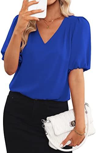GRAPENT Business Casual Tops for Women Work Blouses Dressy Short Puff Sleeve Office Pleated V Neck Trendy Summer Blouse, XL