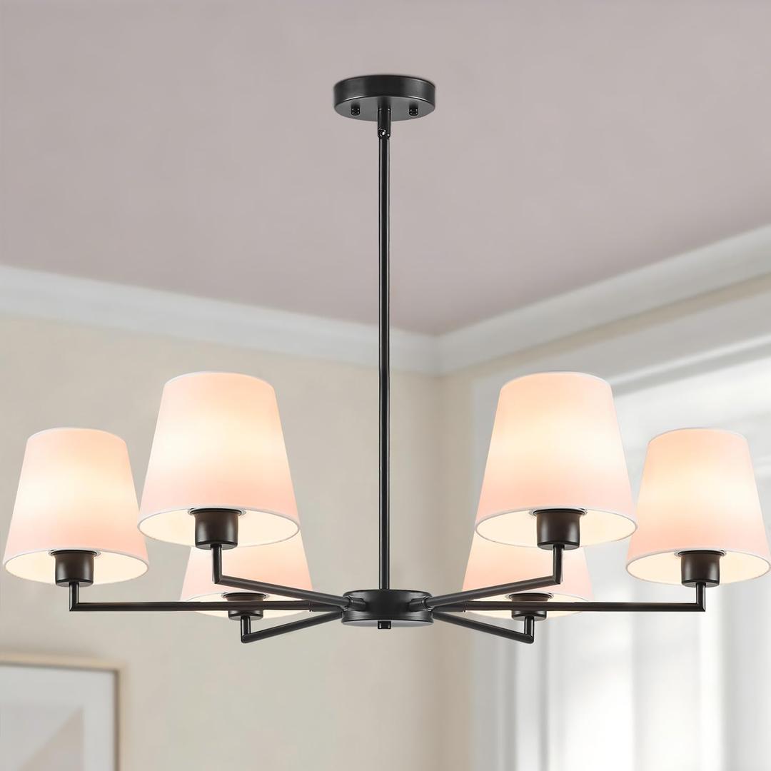 36" Black Dining Room Light Fixture, No Assembly Required 6-Lights Kitchen Chandelier for Dining Room with White Fabric Shade, Chandelier Ceiling Light Fixture for Kitchen Island Bulb Not Included