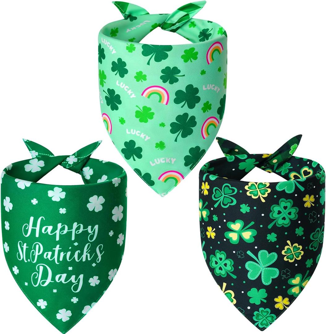 St. Patrick's Day Dog Bandanas XLarge 3PCS, 6 Pattern Green Scarf for Boy and Girl, Triangle Reversible Bibs Breed for Puppy Pets