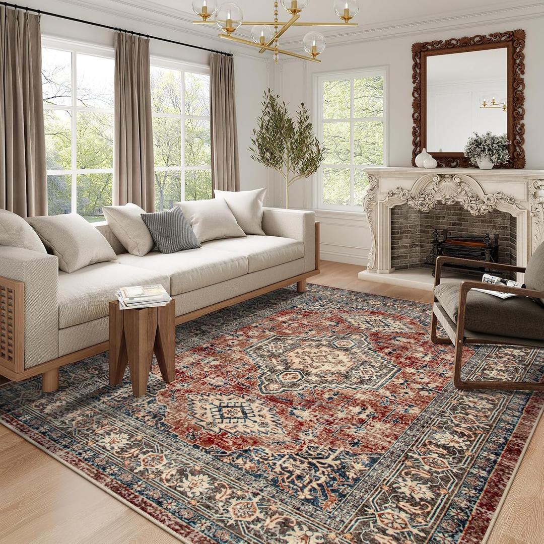 Lahome Oriental Washable Rugs 8x10, Non-Slip Soft 8x10 Rugs for Living Room Bedroom, Stain Resistant Ultra-Thin Vintage Accent Carpet for Dining Room Office Eleanor, Brick Red