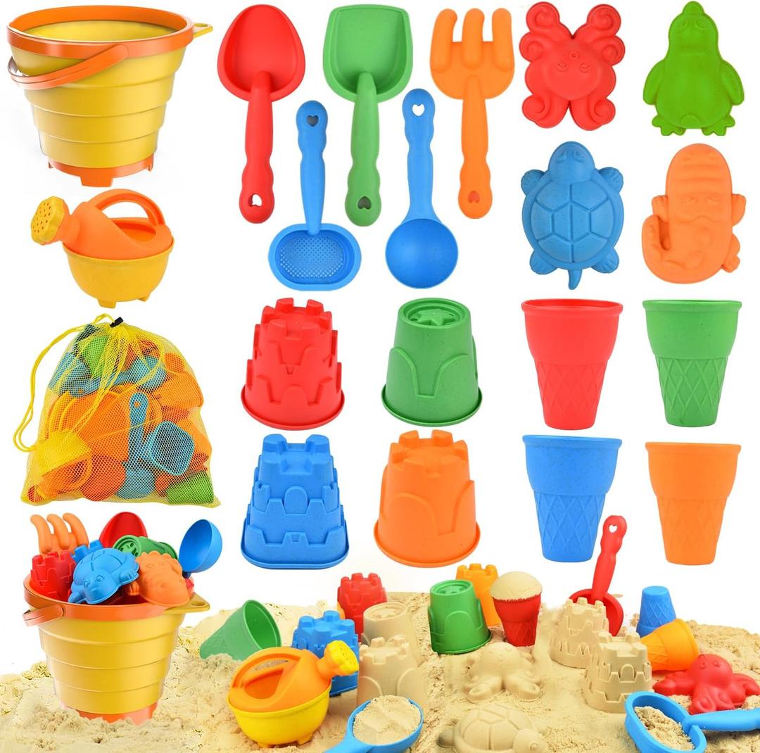 Sotodik Beach Toys Set for Kids, Collapsible Sand Bucket and Shovels Set with Watering Can,Mesh Bag, Ice Cream &Animal Sand Molds,Travel Beach Toys for Toddler Boys Girls Age 3 4 5 6 7 8+