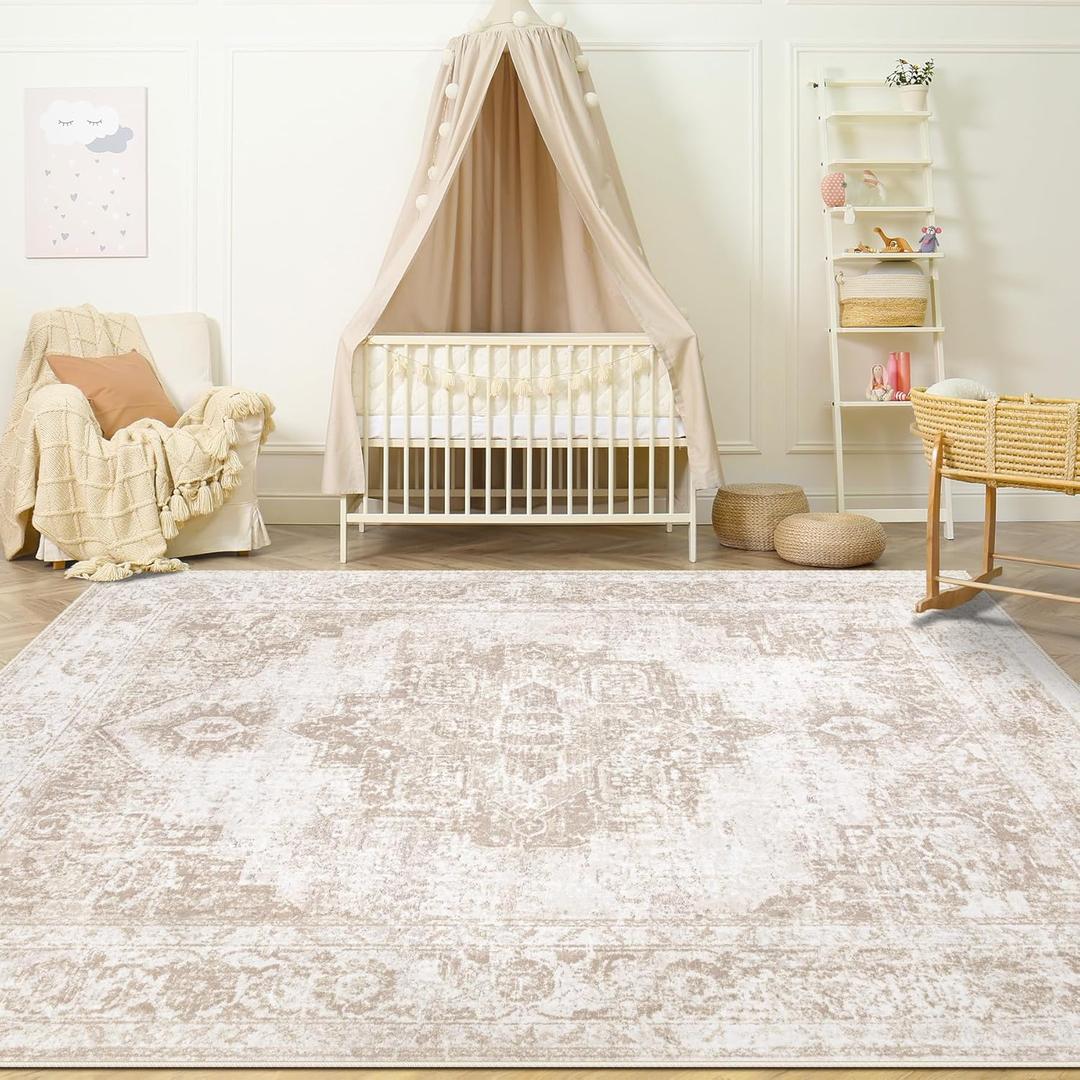 Area Rug 4x6 Vintage Rug: Washable Indoor Medallion Rugs Low Pile Distressed Floor Carpet Retro Accent Rug for Living Room Bedroom Kitchen Dining Table Home Office(Beige, 4'x6')