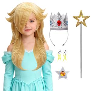 Mildiso 6pcs Girls Blonde Princess Costume Wig for Kids Rosalina Cosplay Halloween with Silver Crown, Wand, Earrings, Brooch, Wig Cap - Long Wavy & Thick Soft & Tangle Resistant & Ready to Wear M136