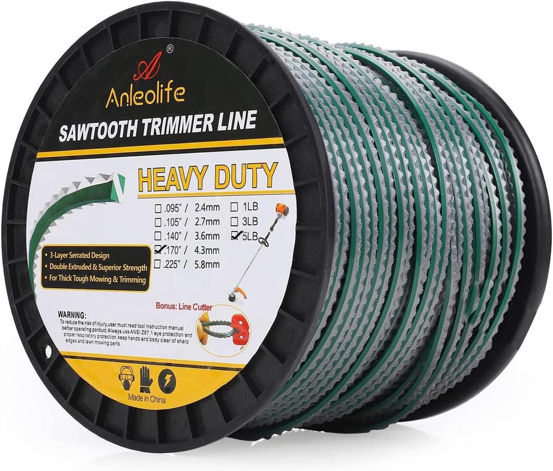 A ANLEOLIFE 5-Pound Heavy Duty Sawtooth .170-inch-by-440-ft Dual Core String Serrated Trimmer Line Spool for Walk Behind Wheeled Mowers,with Built-in Line Cutter A ANLEOLIFE 5-Pound Heavy Duty Sawtooth .170-inch-by-440-ft Dual Core String Serrated Trimmer Line Spool for Walk Behind Wheeled Mowers,with Built-in Line Cutter