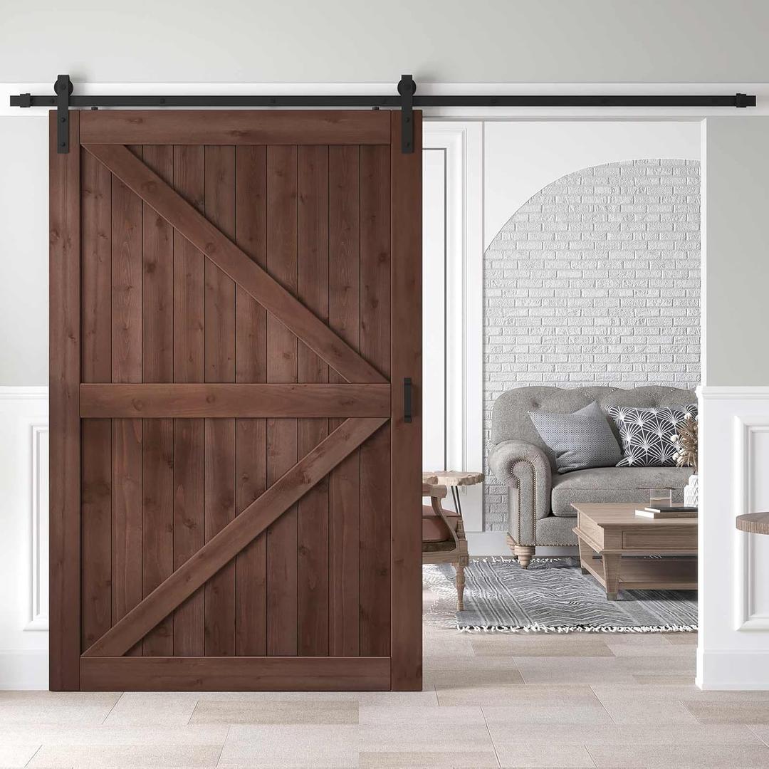 ROYMELO 54x84 inch Sliding Barn Wood Door Slab with 9ft Hardware Kit and Handle, Coffee, K Shape, Simple DIY Assembly