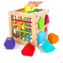 Montessori Toys for 1+ Year Old, Wooden Sorter Cube with 8pcs Rattling Shapes, Developmental Learning Toy Gifts for Baby Toddler Boys Girls, Gift Packaging