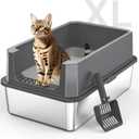 Stainless Steel Litter Box, Extra Large Litter Boxes for Big Cats, XLarge Metal Cat Litter Box with Lid, Anti-Urine Leakage XL Box with High Sides, Easy Clean, Non-Sticky (Dark Grey)