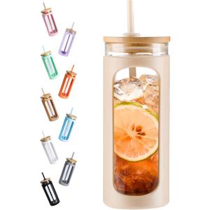 Kodrine 20oz Glass Tumbler with Straw and Lid, Iced Coffee Cups with Bamboo Lids, Glass Cups for Cold Drinks, Smoothie Cup with Silicone Sleeve for Travel, Work, BPA FREE-Oatmeal