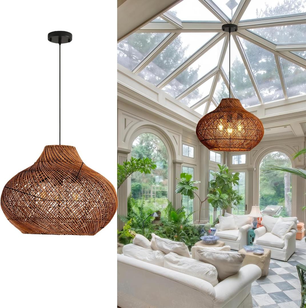 18.9IN Boho Rattan Chandelier 3-Lights Hand-Woven Rattan Pendant Light Farmhouse Wicker Dining Room Light Hanging Bamboo Pendant Light Fixture for Kitchen Island Living Room Hallway Reataurant, 13.9IN