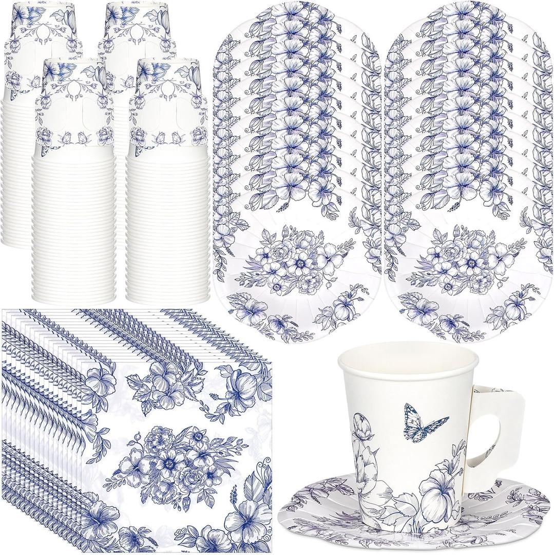 Vesici 150 Pcs Floral Tea Party Decorations for Table 9 oz Disposable Paper Tea Cups with Handles Plates, Saucers and Napkins Set for Spring Party Girl Birthday Wedding Mothers Day(Charming Style)