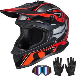 Youth Kids Dirt Bike Helmets, Kids ATV Helmets Motorcross BMX MX Off-Road Motorcycle Helmet JF605 with Goggles Gloves Dirtbike Helmet DOT Approved (Black Red)