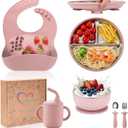 Toddler Plates and Bowls Set Stainless Steel - Bathchef Baby Feeding Set Strong Suction, BPA Free Durable Divided Plates, Safe Self Baby Feeding Utensils,Cup,Spoon,Fork,Dishwasher Safe,6pcs,Pink
