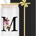 Monogrammed Glass Drinking Cup With Lid Straw Women Wife Ideal from Husband Happy Birthday Wedding Romantic Best Cool Personalized Unique Special Cute Custom Valentines Christmas Xmas Present Gifts,M