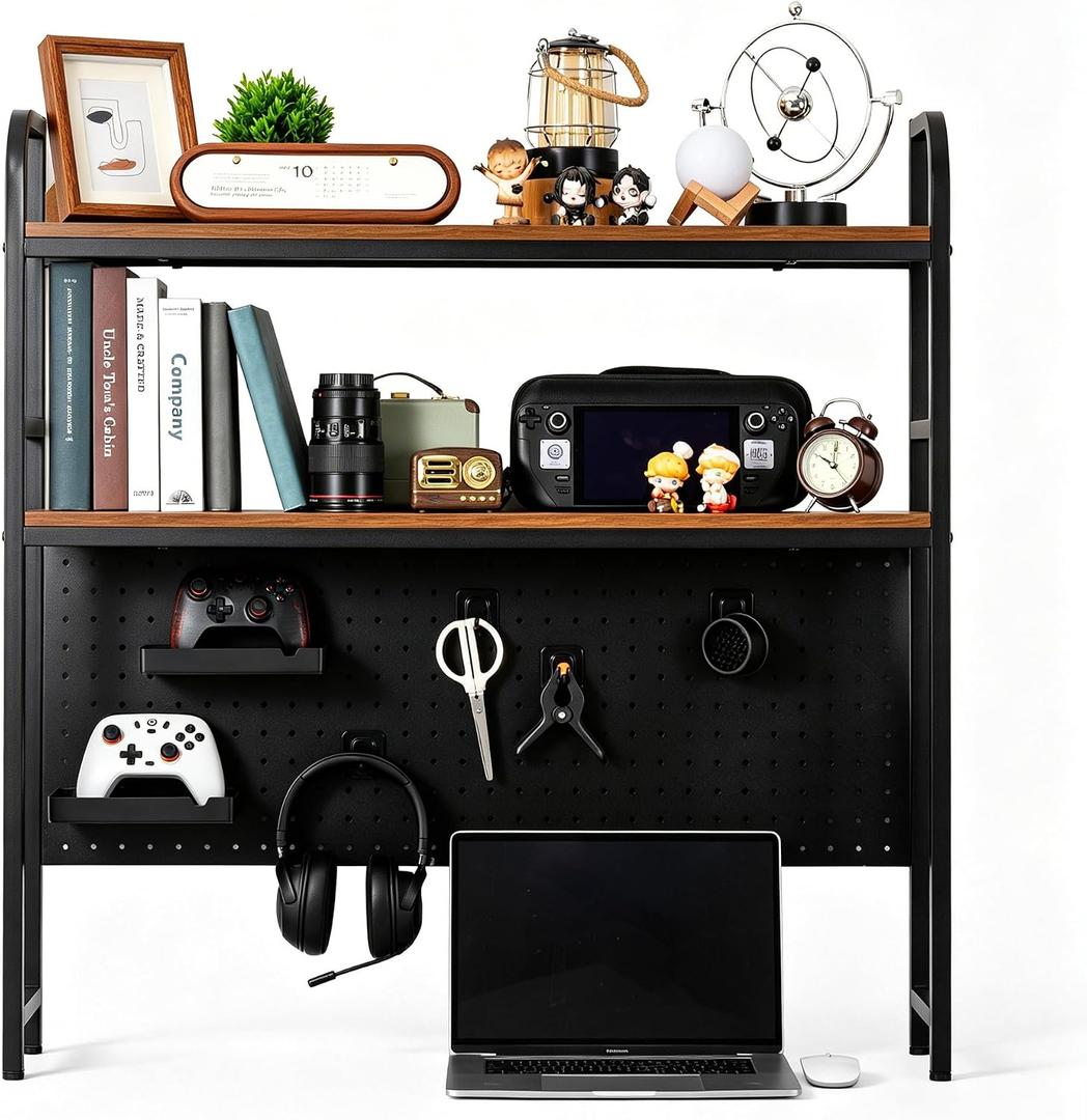 deli Desktop Shelf, Desk Hutch with Metal Pegboard, Black, 37.8 inches x 7.9 inches x 39 inches