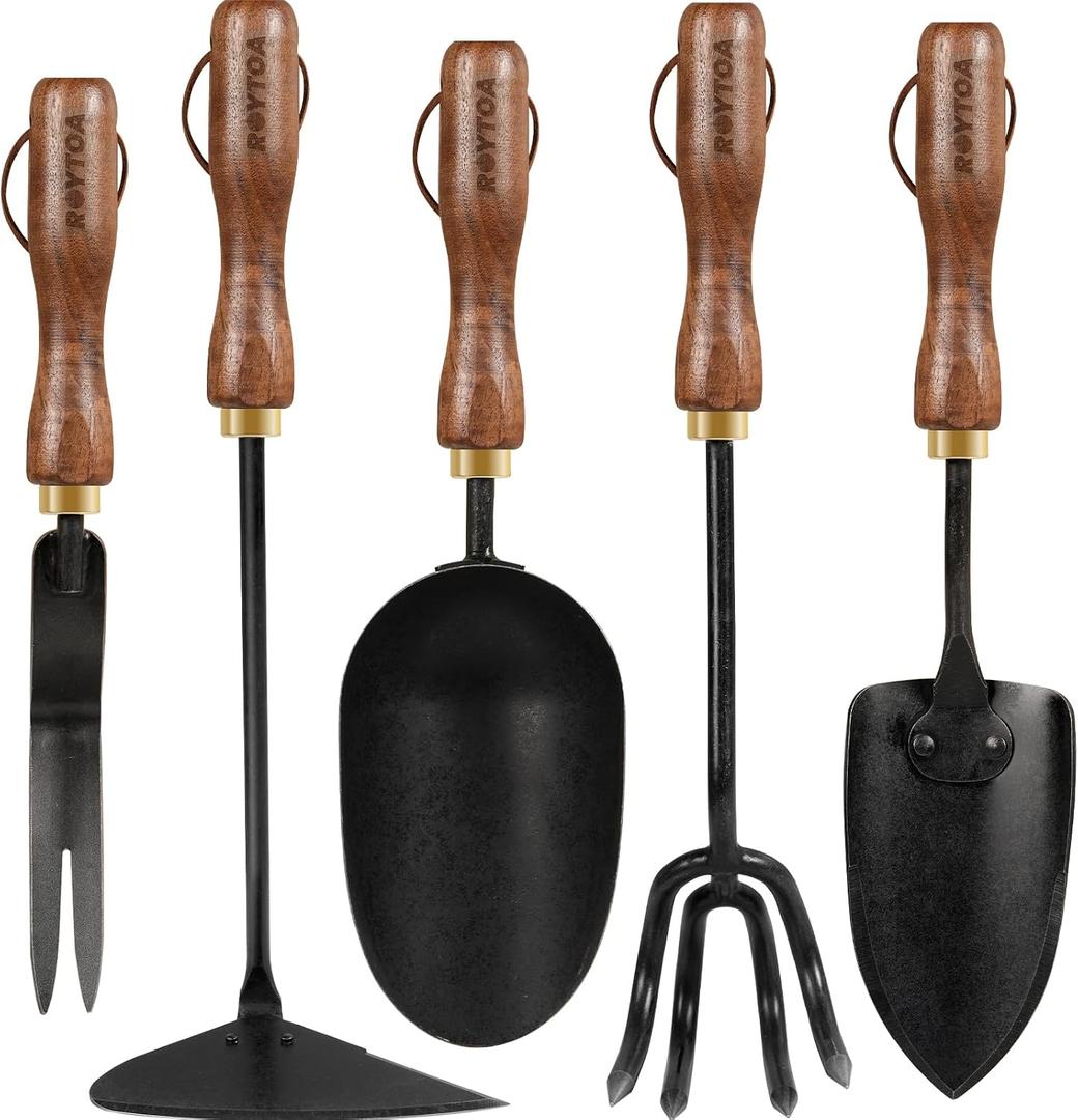 ROYTOA Garden Tool Set, 5PCS Gardening Tools, Stainless Steel Heavy Duty Hand Cultivator, Hoes, Shovel, Trowel and Weeder with Ergonomic Walnut Handle, Gardening Gifts for Women