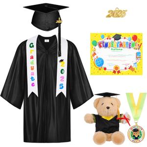 AOTHSO 8Pcs Kindergarten Graduation Cap and Gown Tassel Set 2025 with Stole Bear Certificate for Preschool Kids (27, Black)