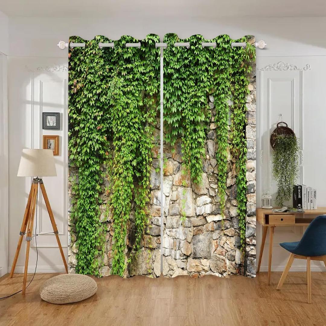 Green Ivy Leaf Blackout Curtains Leaves Plants Rustic Stone Wall Spring Scenery Curtain for Living Room Bedroom Home Decoration Window Drapes Fabric Set of 2 Panels, 26x63 Inch