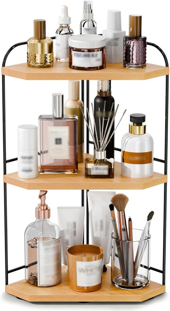 Corner Bathroom Counter Organizer, 3-Tier Wood Countertop Organizer for Perfume, Makeup Storage, Skincare Organizers for Vanity, Counter Corner Shelf for Kitchen, Bathroom, Dresser (Natural)