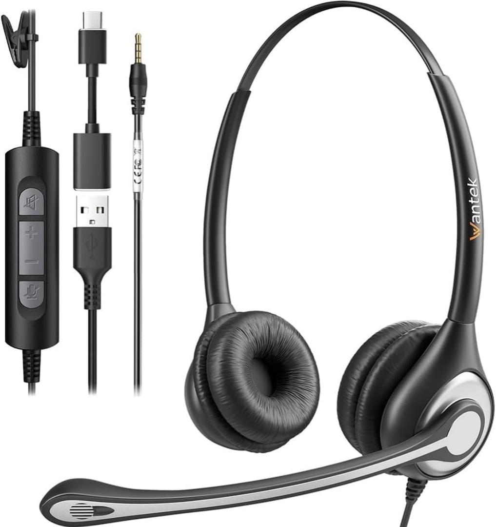 USB Headset with Microphone for PC, Computer Laptop Headset with Call Answer Button for MS Teams & IP Phones, Lightweight Design & Memory Foam Cushions for All-Day Comfort (Black) (602F)