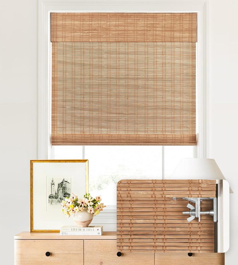 LazBlinds No Tools No Drill Cordless Bamboo Roman Shades, Light Filtering Window Treatment, Roll Up Bamboo Blinds for Windows 26.5'' W x 64'' H, Ceylon Light Russet