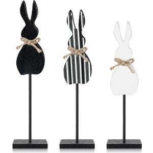 3 Pcs Easter Bunny Table Decorations Farmhouse Wooden Bunny Tabletop Centerpieces Black and White Rabbit Tall Standing Sign Block Rustic Easter Decorations for Table Home Indoor Desk Shlef