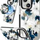 for iPhone 15 Case for Women - Girls Kawaii Design Compatible with Magsafe Magnetic Ring Holder Stand Blue Flower Phone Covers Aesthetic Girly TPU Funda for 15