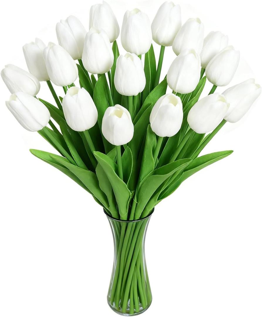 Artificial Tulips 20pcs, Ultra-Realistic White Faux Flowers with Bendable Stems, Fake Tulips for Vase, Grand Millennial Home Decor, Mother's Day Easter Valentine's Gift Artificial Tulips 20pcs, Ultra-Realistic White Faux Flowers with Bendable Stems, Fake Tulips for Vase, Grand Millennial Home Decor, Mother's Day Easter Valentine's Gift