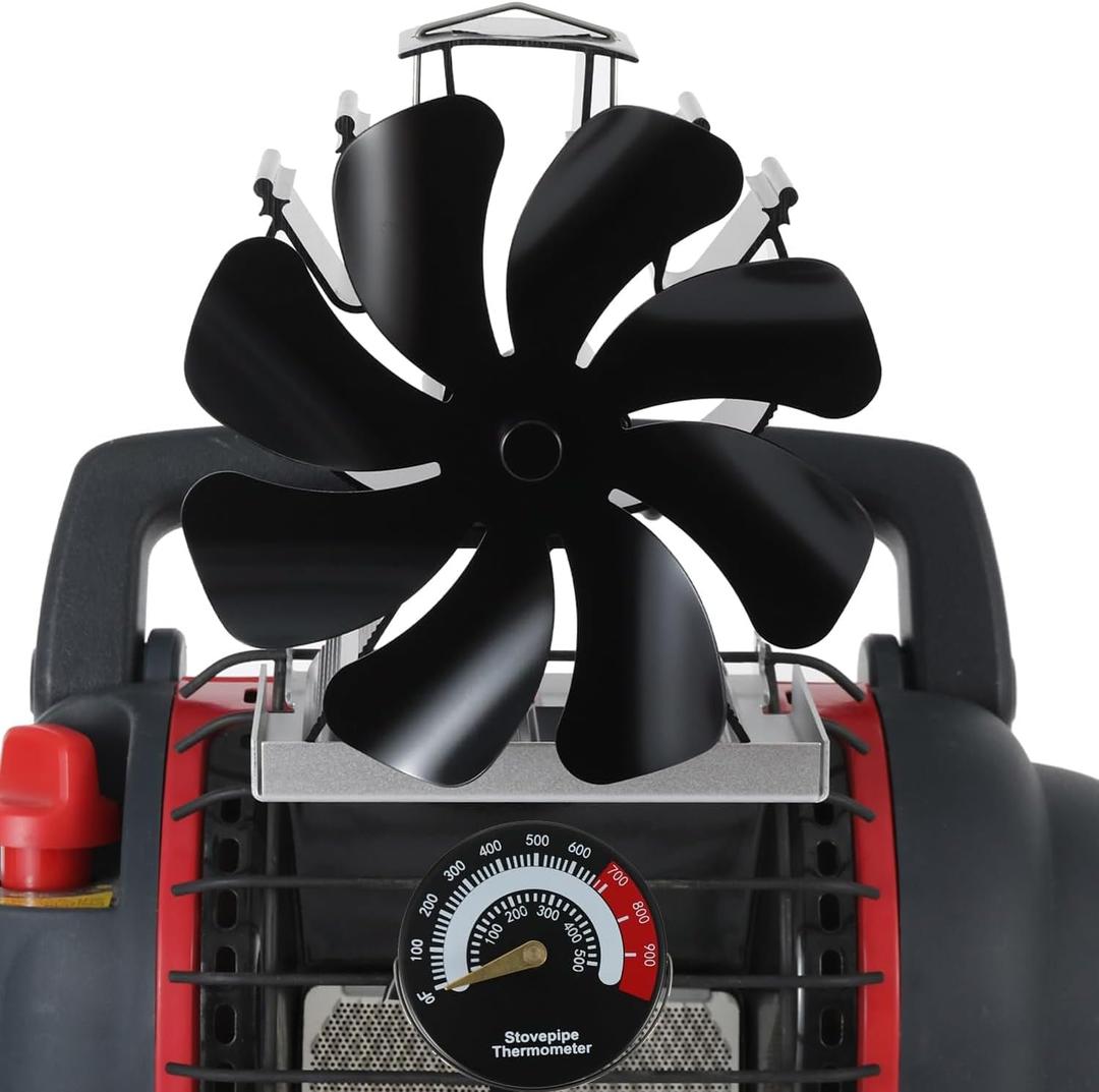 Tomersun Wood Stove Fan 8 Blades Heat Powered, Fireplace Fan Woodstove for Heater (Included Bracket), Wood Burning Stove Non Electric Thermoelectric Thermal Fan w/Thermometer (Full Medium)