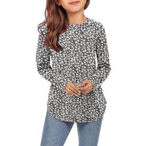 storeofbaby Girls Casual Long Sleeve Shirts Round Neck Tops Loose Fit Tunic Blouses (13-14 Years, B Flo Black)