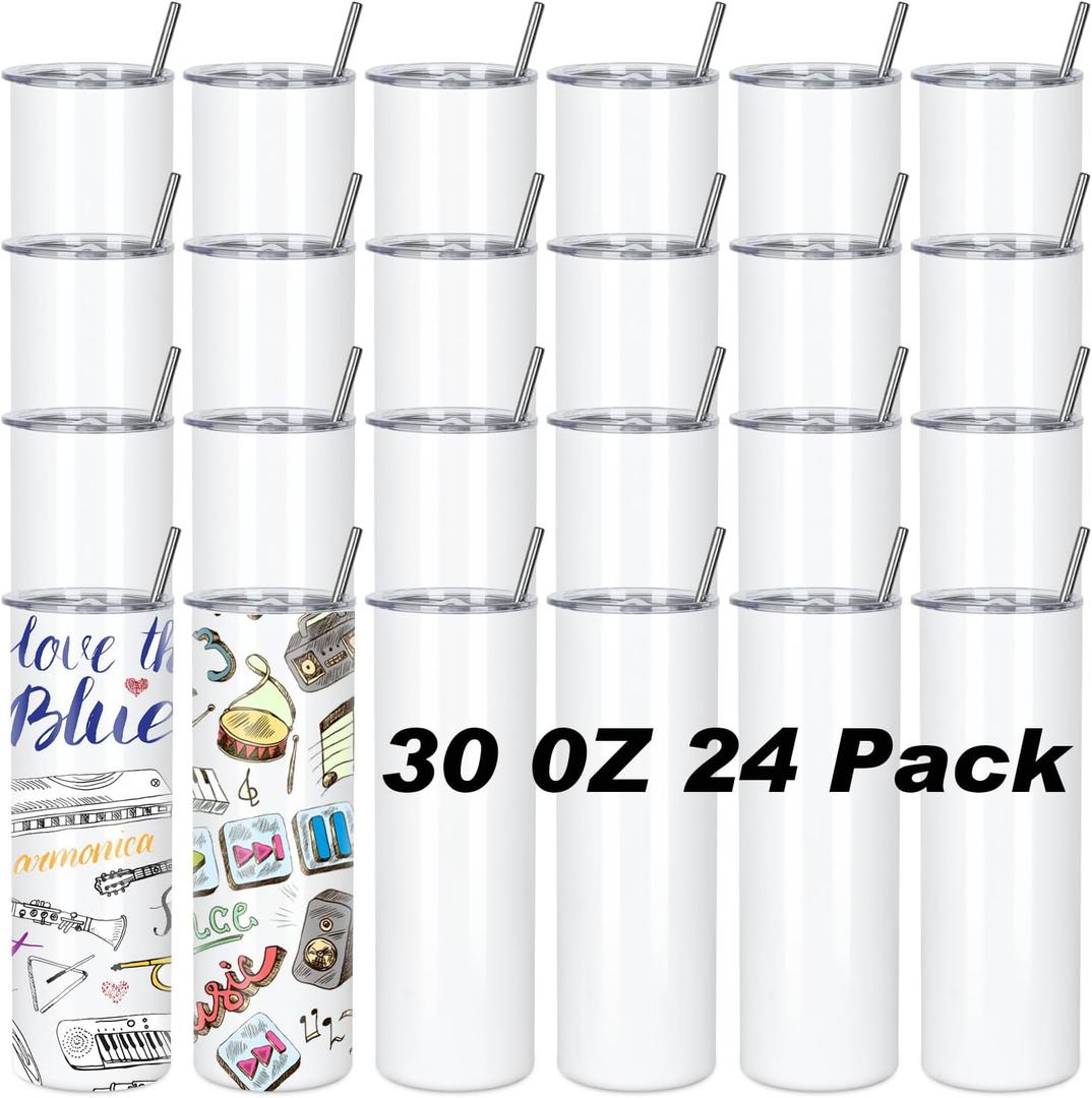 30 Oz Sublimation Tumblers Bulk (24 Pack) - Stainless Steel Double Wall Vacuum Insulated Cups With Straw, Individually Boxed