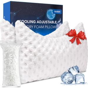 KUCEY Cooling Side Sleeper Pillow for Neck and Shoulder Pain, Luxury Shredded Memory Foam Curved Bed Pillows for Sleeping Set of 2 Adjustable Queen Size Washable Cover Crescent White