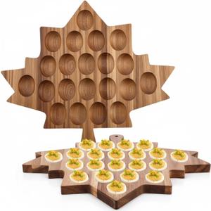 Cinnvoice 2 Pcs Maple Leaves Wooden Deviled Egg Platter 21 Holes Deviled Egg Tray Container Holder Carrier for Countertop Holiday Thanksgiving Christmas (Maple Leaf Shape)
