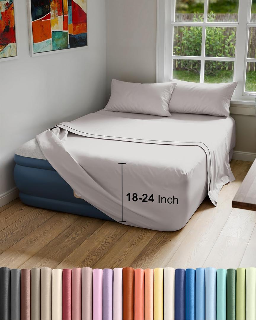 Air Mattress Sheet Set for King Size - 4 Piece Breathable & Cooling Sheets w/ Extra Deep Pockets - Fits Inflatable & Blow Up Air Mattresses Up to 24 Inches Thick - Soft and Wrinkle Free - Light Grey