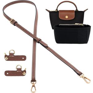 Mini Bag Organizer with Genuine Leather Crossbody Strap Conversion Kit, Compatible with Longchamp Mini Bag  Inner Liner Insert + Strap Kit Set, Black