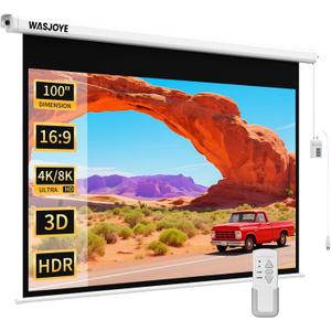 WASJOYE Motorized Projector Screen 100" - 16:9 Electric Projector Screen Wall/ Ceiling Mount with Remote Control - 8K 3D Projection Screen Dual Side Power Supply for Home Theater Office TV Game School