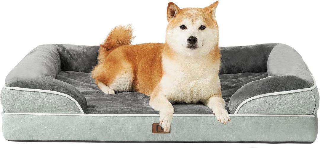EHEYCIGA Orthopedic Dog Beds for Large Dogs, Waterproof Memory Foam Large Pet Bed with Sides, Non-Slip Bottom and Egg-Crate Foam Dog Couch Bed with Washable Removable Cover, Greyish Green (36.0"L x 27.0"W x 6.5"Th)
