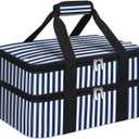 Double Insulated Casserole Carrier, Portable Casserole Carrier for Hot or Cold Food Lunch Tote Warmer or Cooler Bag, Lasagna Lunch Bag for Potluck Parties- Fits 9" x 13" Baking Dish-Blue Stripes (16x10x7.2 in)