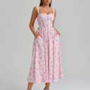 KUTUMAI Floral Corset Midi Dress Flowy Slit Summer Spring Wedding Guest Dresses for Women Sundress with Pockets (Pink, S)