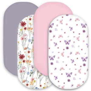 bimocosy Bassinet Sheet, 4 Pack Bassinet Sheets for Baby Girls Boys, Soft Baby Bassinet Fitted Sheets Neutral for Standard Bassinet Mattress, Size 32 x 16 x 4 Inches, Butterfly/Floral/Pink/Purple