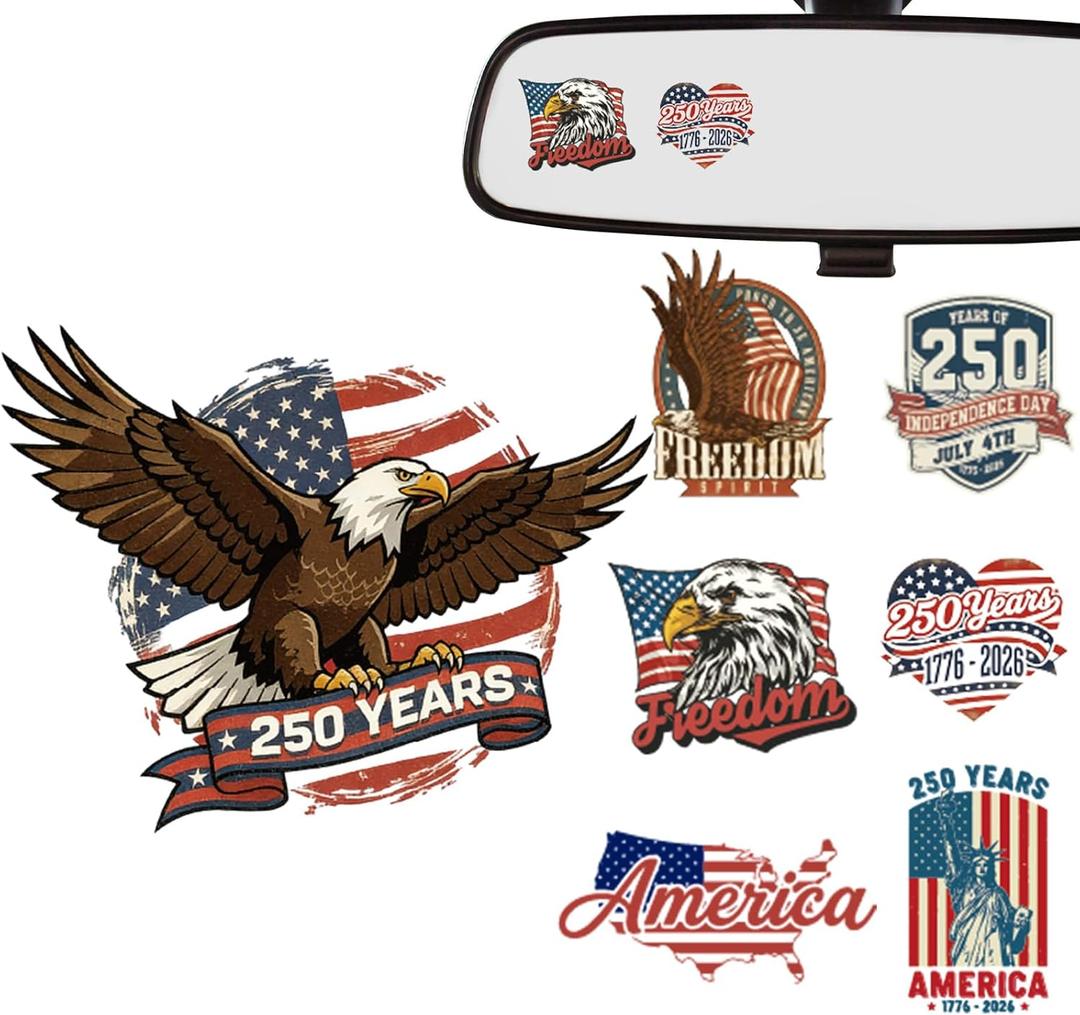 Dazoratix 250 Years America Car Decal - 7 Pcs 250th Anniversary Vintage Eagle USA Merchandise Patriotic American Flag Independence Vinyl Rearview Mirror Sticker for Window Vehicle Truck Bumper Tumbler