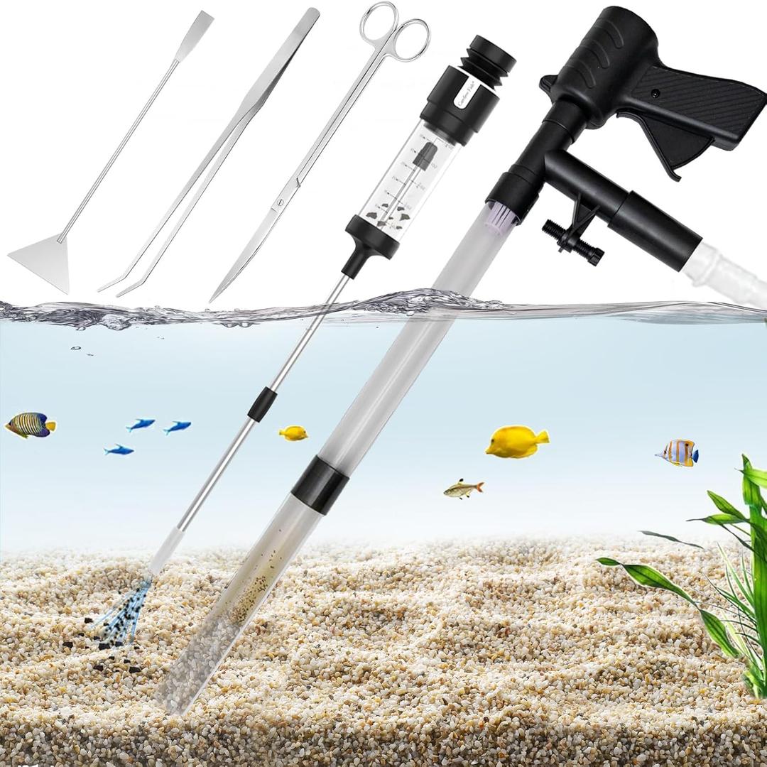 Carefree Fish Aquarium Gravel Cleaner 15~30In Multi-Functional Syphon Feeding Tube Upgraded Turkey Baster Stainless Steel Long Tweezers Long Scissors Long Base Leveling Shovel