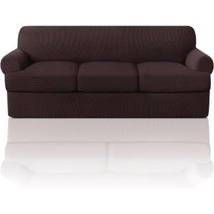 PrinceDeco T Cushion Sofa Slipcover 4 Pieces Sofa Covers for T Cushion Couch Soft Sofa Slip Covers Furniture Protector with 3 Individual T Shape Seat Covers (70"-88") Washable, Brown