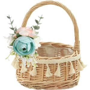 Rattan Woven Flower Girl Basket for Wedding,Handwoven Small Rustic Flower Girls Basket with Handle and Artificial Lace Flowers,Wicker Storage Baskets for Home Wedding Birthday Decor