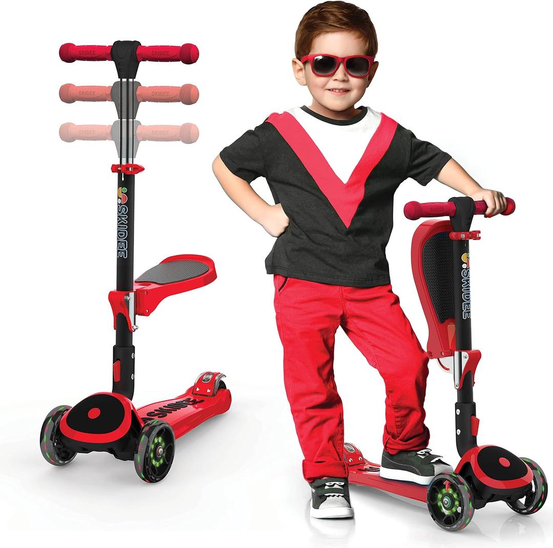 SKIDEE Kick Scooters for Kids Ages 3-5, Adjustable Height Foldable Scooter with Removable Seat, 3 LED Light Wheels, Rear Brake, Wide Standing Board, Suitable Up to 12 Year Old Boys/Girls (Red)