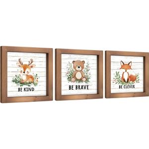 pechpell Set of 3 Woodland Baby Shower Decorations, Wooden Woodland Creatures Nursery Decor Forest Animal Bear Fox Deer Sign, Nature Jungle Theme Wall Art for Home Table Shelf Desk Bedroom Bathroom