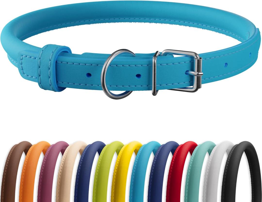 CollarDirect Rolled Leather Dog Collar, Soft Padded Round Puppy Collar, Handmade Genuine Leather Collar Dog Small Large Cat Collars 13 Colors (11-14 Inch, Light Blue Smooth) (M: 11-14 in, Cyan Smooth)