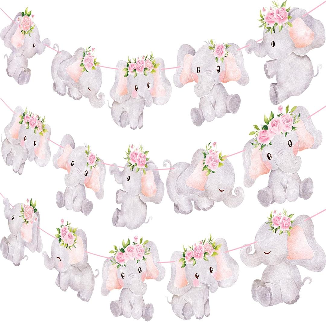 Elephant Party Banner 3Pcs Pink Baby Shower Decoration for Girl Floral Birthday Party Decoration Animals Themed Party Supplies