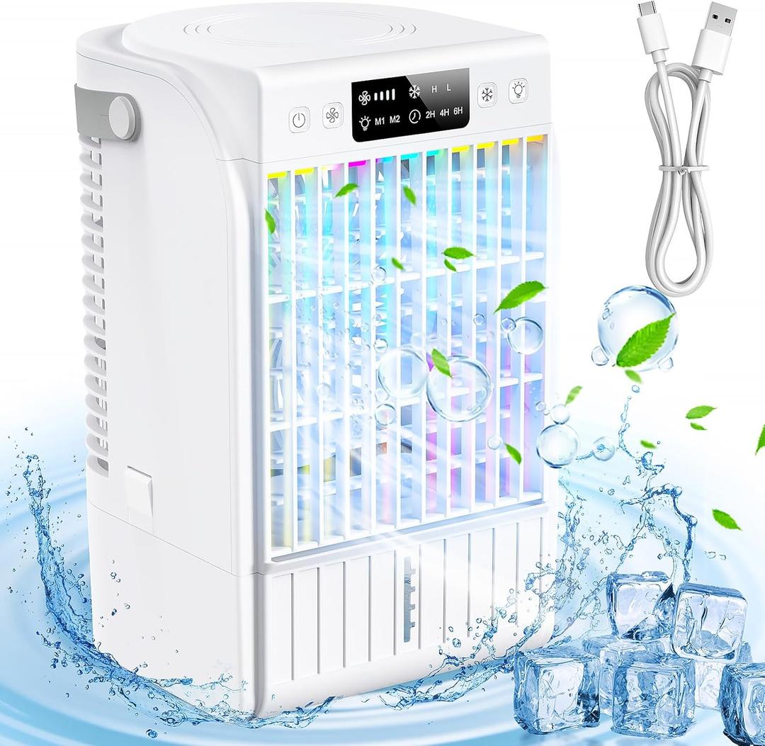 Portable Air Conditioners,1500 ML Portablel Air Cooler, 4 Wind Speeds& 2 Spray Modes Evaporative Air Cooler,Personal Cooling Fan with 2-6H Timer& 7 Color Night Light - White Portable Air Conditioners,1500 ML Portablel Air Cooler, 4 Wind Speeds& 2 Spray Modes Evaporative Air Cooler,Personal Cooling Fan with 2-6H Timer& 7 Color Night Light - White