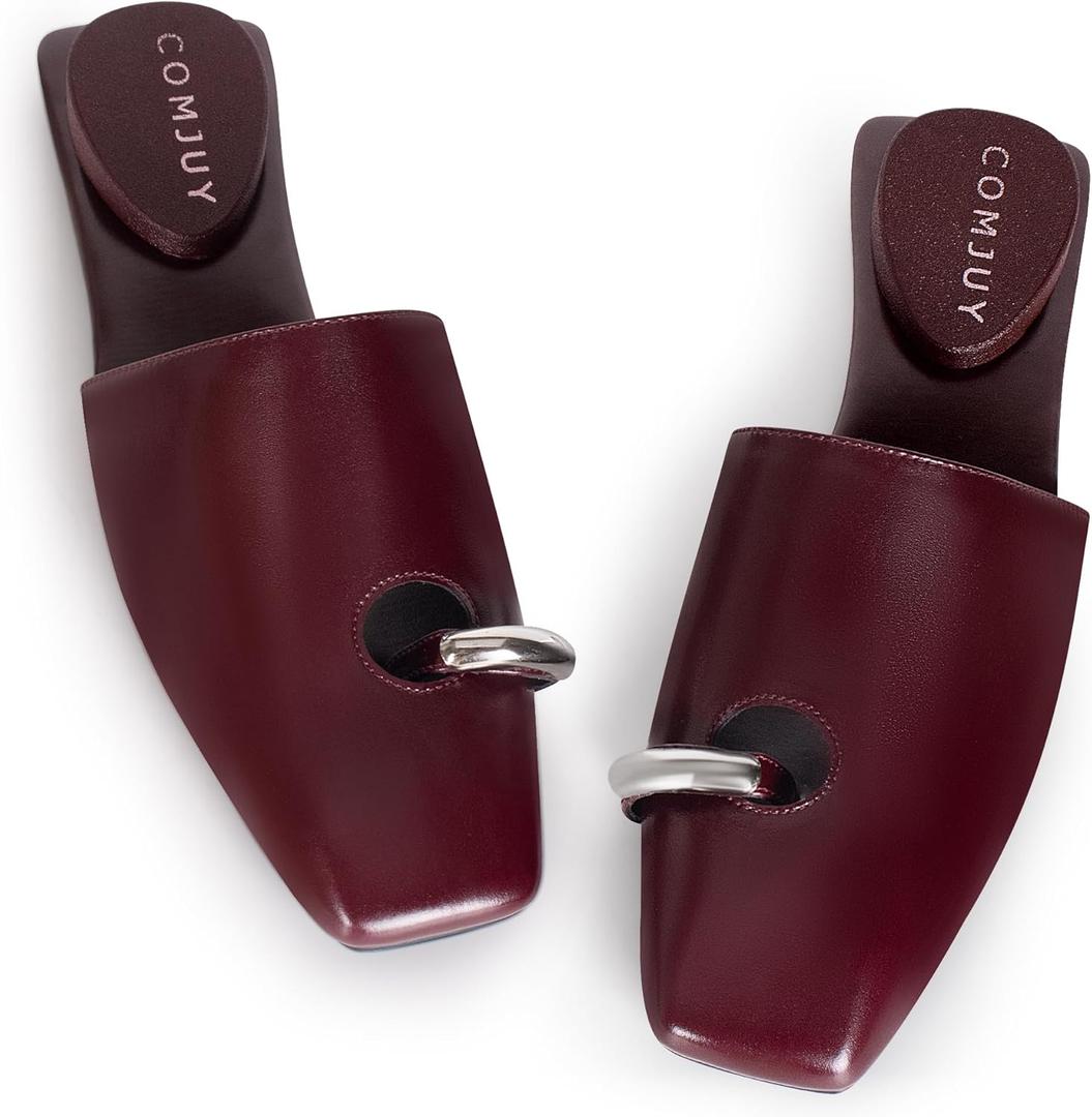 Square Toe Mule Sandals for Women Slip On Kitten Heels with Inverted Heel Cushioned Footbed Toe Ring Clog Slides Low Heel Faux Leather