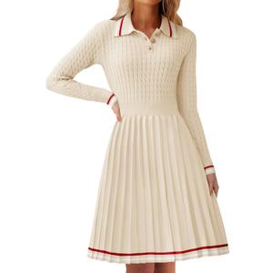 ZESICA Women's Midi Sweater Dress 2025 Fall Long Sleeve Cable Ribbed Knit A Line Swing Pleated Dresses, Size Medium